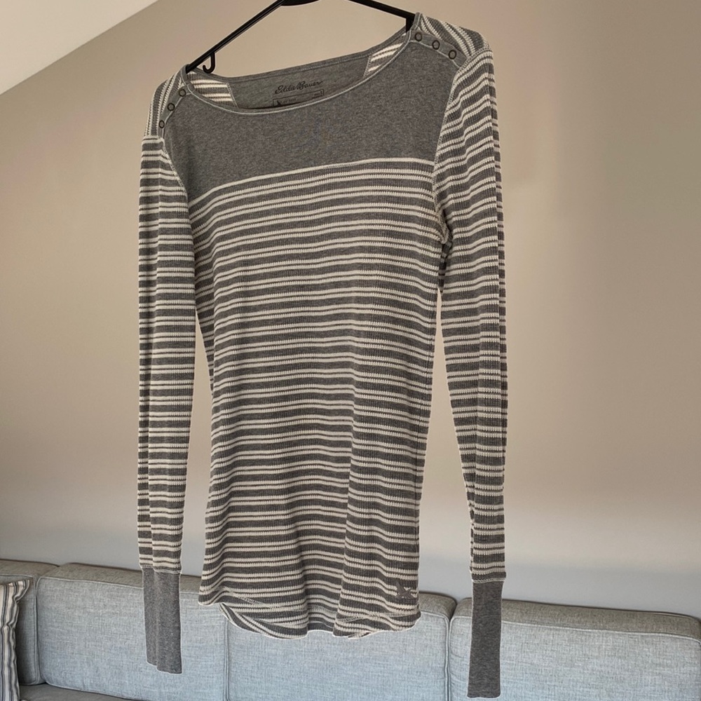 Eddie Bauer Long-Sleeved Shirt, gray + white stripes